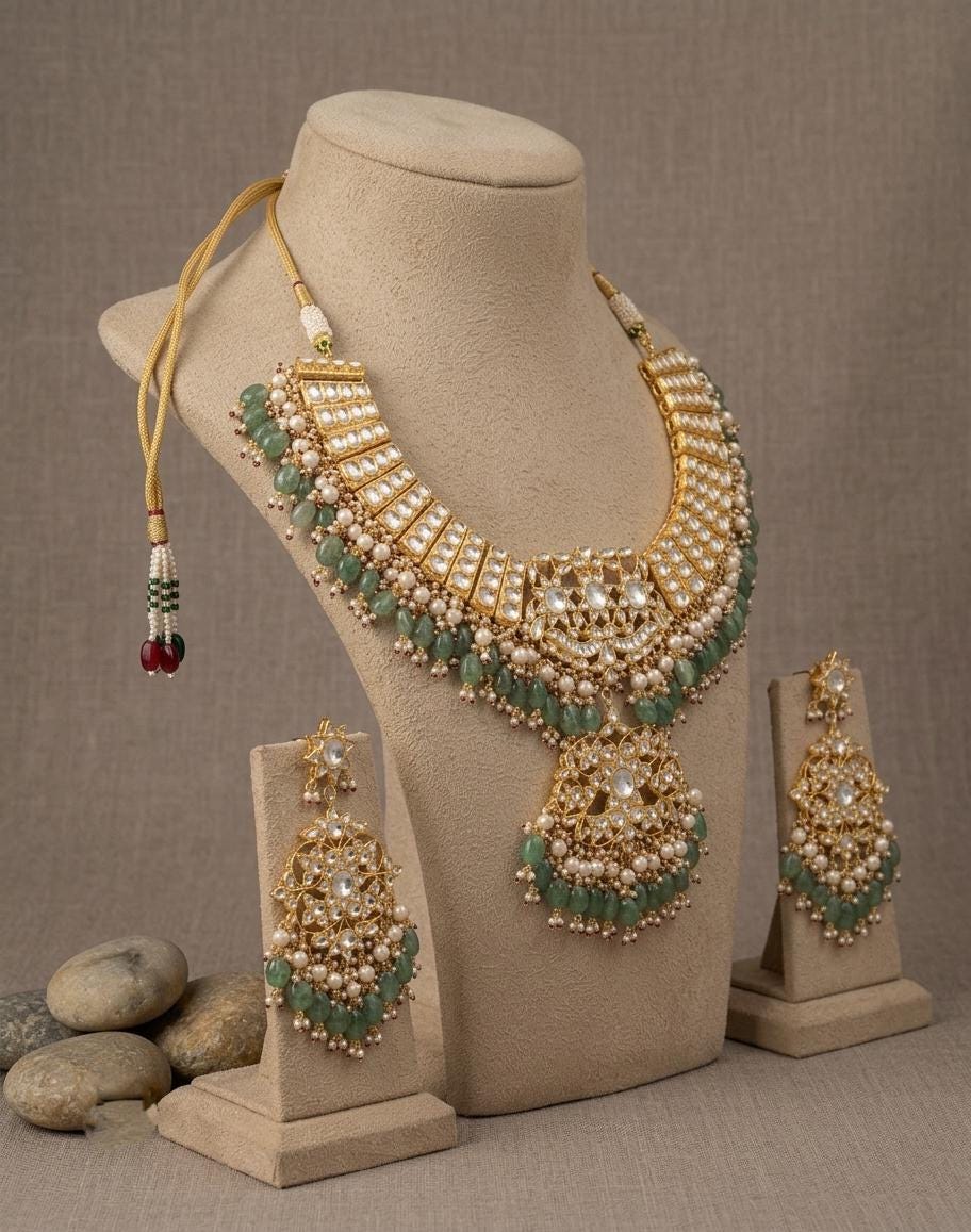 Kundan Bridal Necklace Set, Indian Wedding Jewelry, Floral Choker, Earrings (Matching Set)