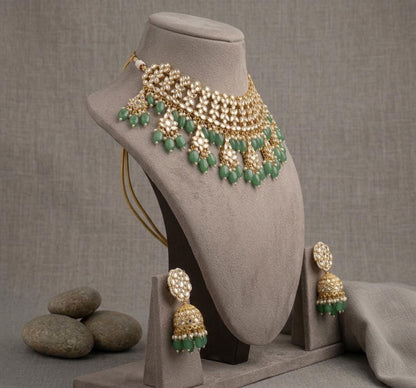 Kundan Necklace Earrings Set, Green Stone Bridal Jewelry, Floral Statement Choker
