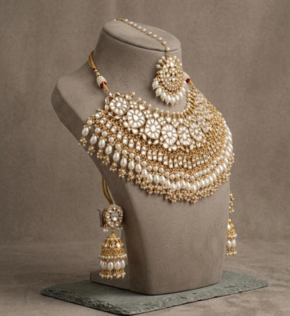 Kundan Bridal Necklace Set with Maang Tikka & Earrings, Pearl Indian Wedding Jewelry