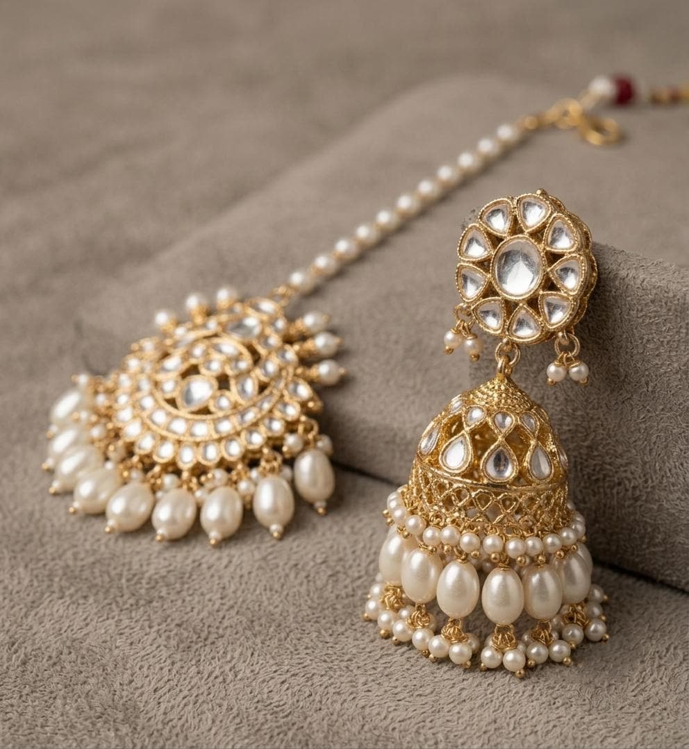 Kundan Bridal Necklace Set with Maang Tikka & Earrings, Pearl Indian Wedding Jewelry