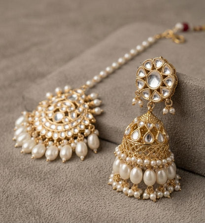 Kundan Bridal Necklace Set with Maang Tikka & Earrings, Pearl Indian Wedding Jewelry