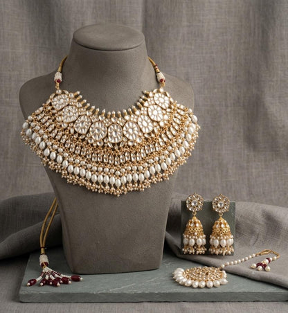 Kundan Bridal Necklace Set with Maang Tikka & Earrings, Pearl Indian Wedding Jewelry