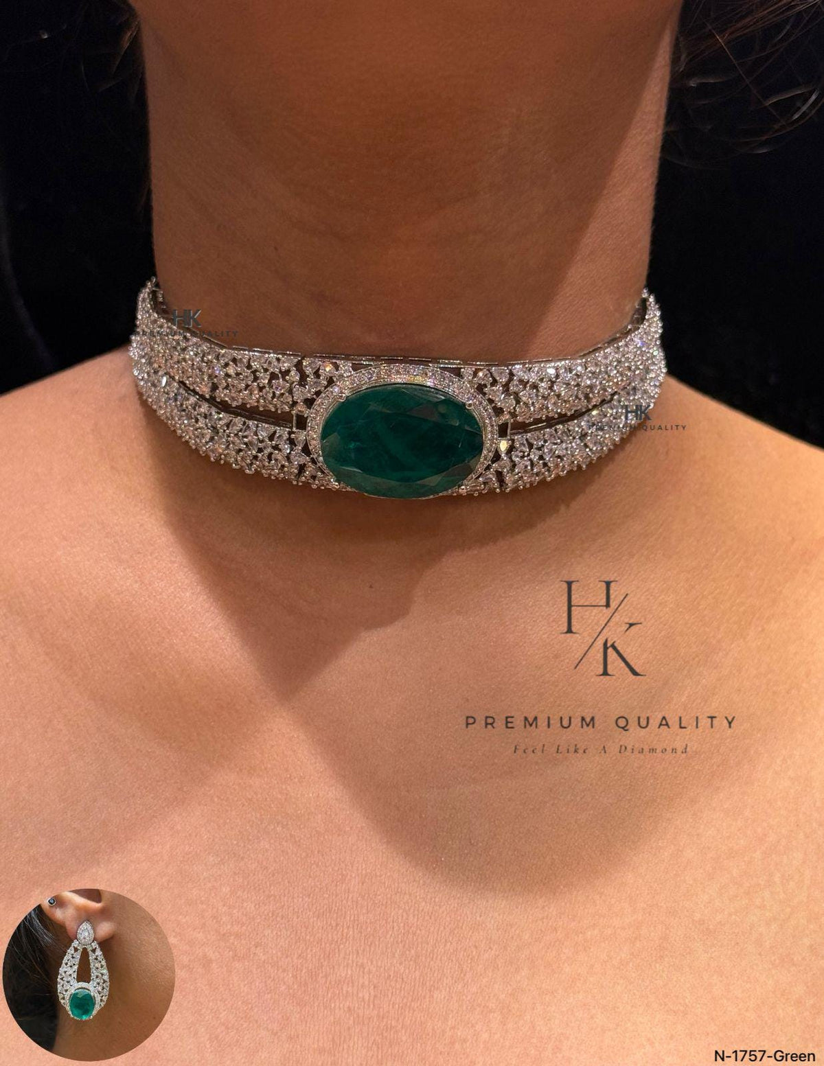 American Diamond Choker Necklace Set | Indian Bridal Wedding Jewelry (Green, Blue, Red)