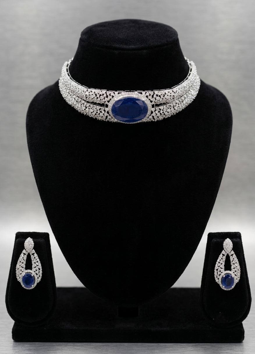 American Diamond Choker Necklace Set | Indian Bridal Wedding Jewelry (Green, Blue, Red)