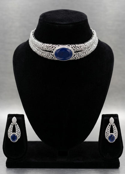 American Diamond Choker Necklace Set | Indian Bridal Wedding Jewelry (Green, Blue, Red)