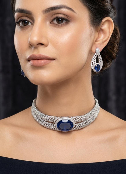 American Diamond Choker Necklace Set | Indian Bridal Wedding Jewelry (Green, Blue, Red)
