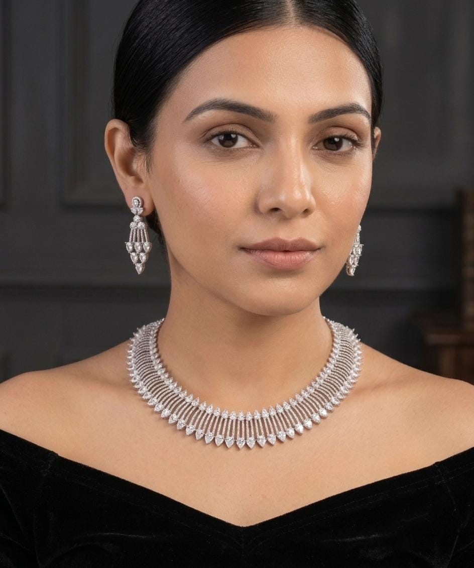 American Diamond CZ Necklace Set | Bridal Statement Jewelry (Pear-Shaped Accents)