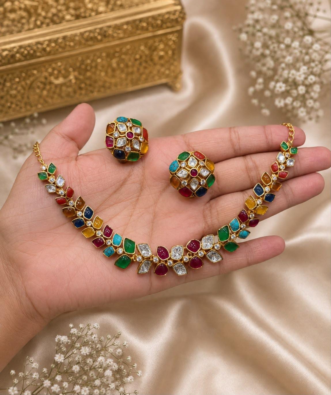 Multicolor Kundan Necklace Set, Indian Traditional Jewelry, Bridal Statement Piece