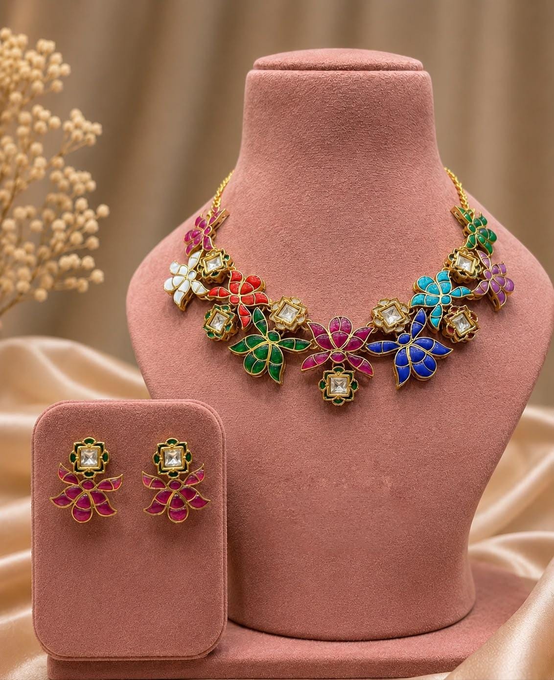 Floral Kundan Necklace Set, Indian Wedding Jewelry, Statement Choker Earrings
