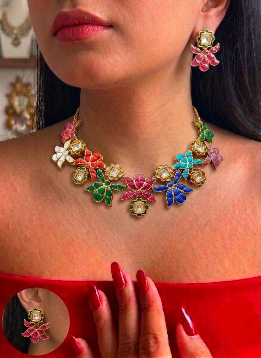 Floral Kundan Necklace Set, Indian Wedding Jewelry, Statement Choker Earrings