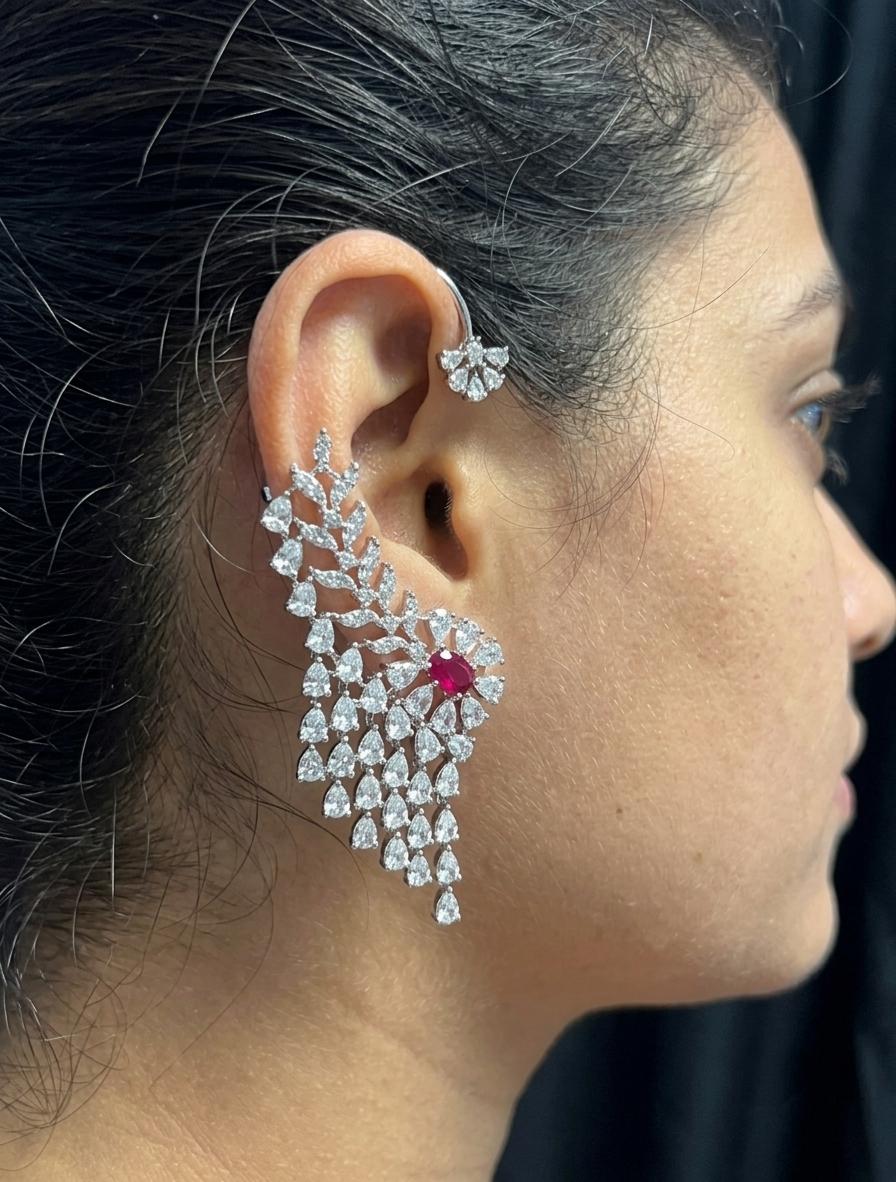 American Diamond CZ Statement Earrings | Pink Center, Cascading Floral Design
