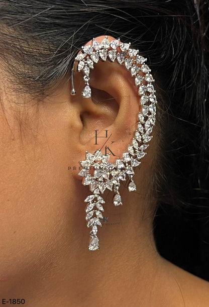 American Diamond Ear Cuff | CZ Bridal Statement Earrings | Floral Drop Design