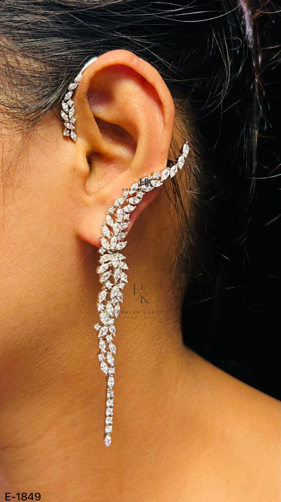 American Diamond Ear Cuff Earrings | CZ Floral Drop, Bridal Party Jewelry