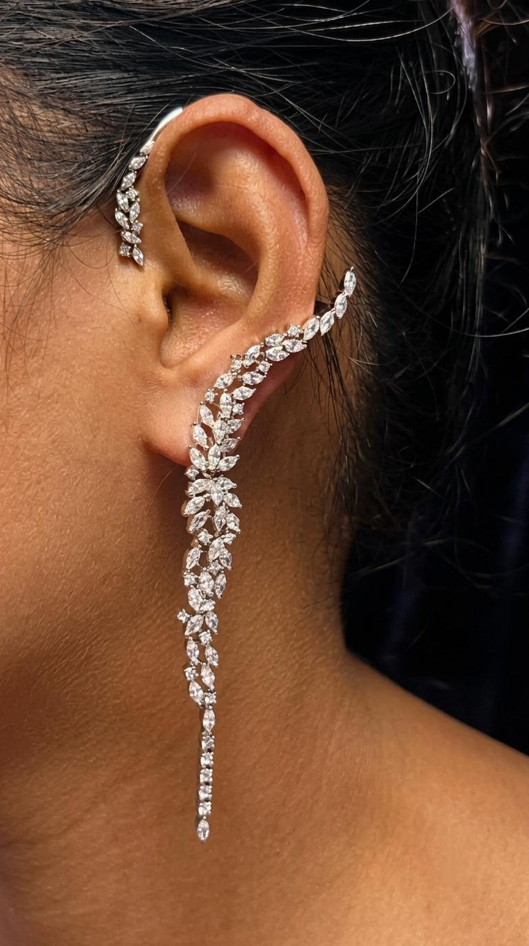 American Diamond Ear Cuff Earrings | CZ Floral Drop, Bridal Party Jewelry