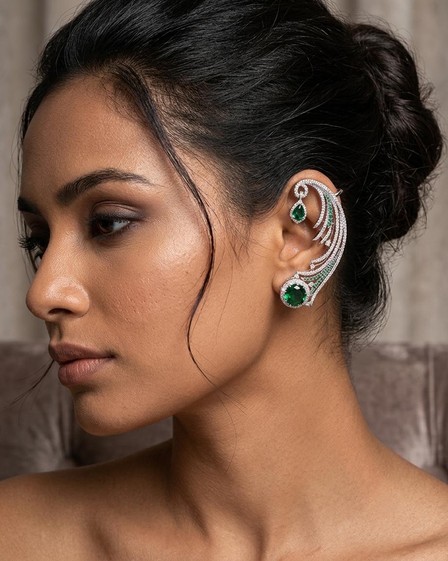 Emerald CZ American Diamond Ear Cuff | Indian Bridal Statement Jewelry