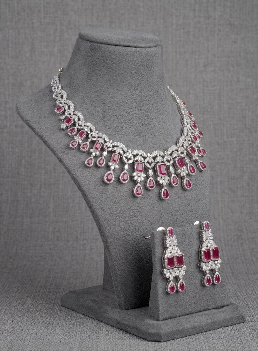 American Diamond CZ Bridal Necklace Set | Pink Green Teardrop Choker Earrings