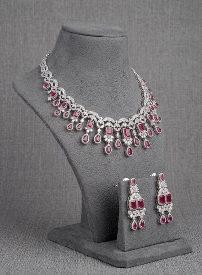 American Diamond CZ Bridal Necklace Set | Pink Green Teardrop Choker Earrings