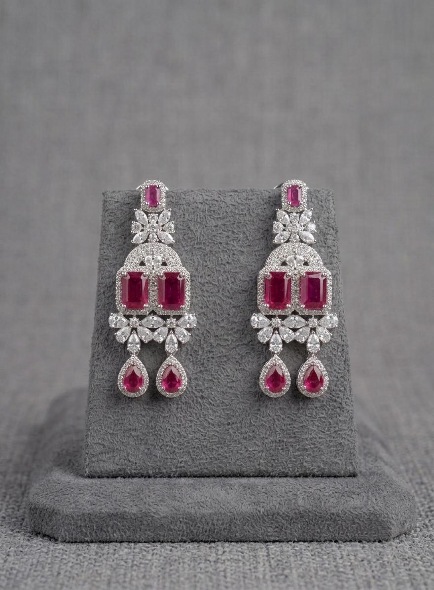 American Diamond CZ Bridal Necklace Set | Pink Green Teardrop Choker Earrings