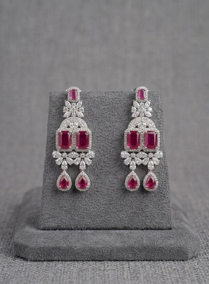 American Diamond CZ Bridal Necklace Set | Pink Green Teardrop Choker Earrings