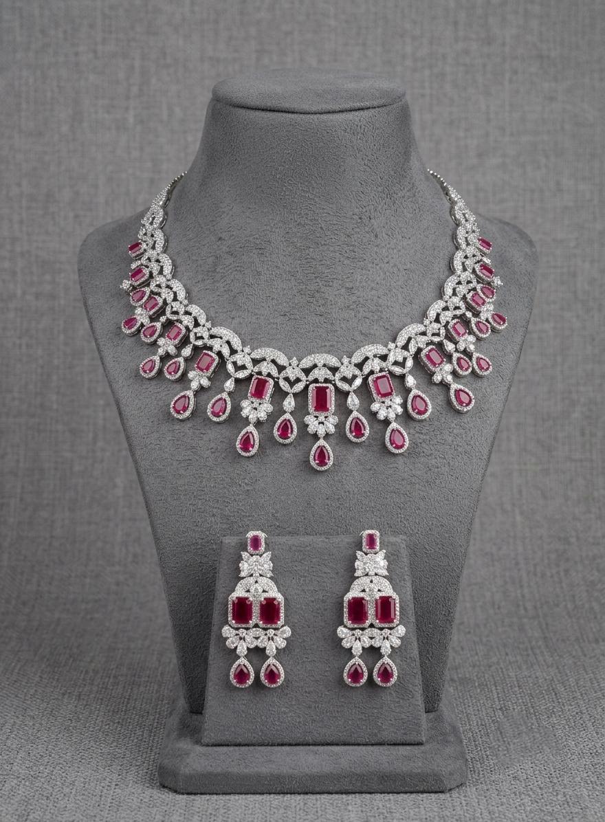 American Diamond CZ Bridal Necklace Set | Pink Green Teardrop Choker Earrings