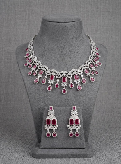 American Diamond CZ Bridal Necklace Set | Pink Green Teardrop Choker Earrings