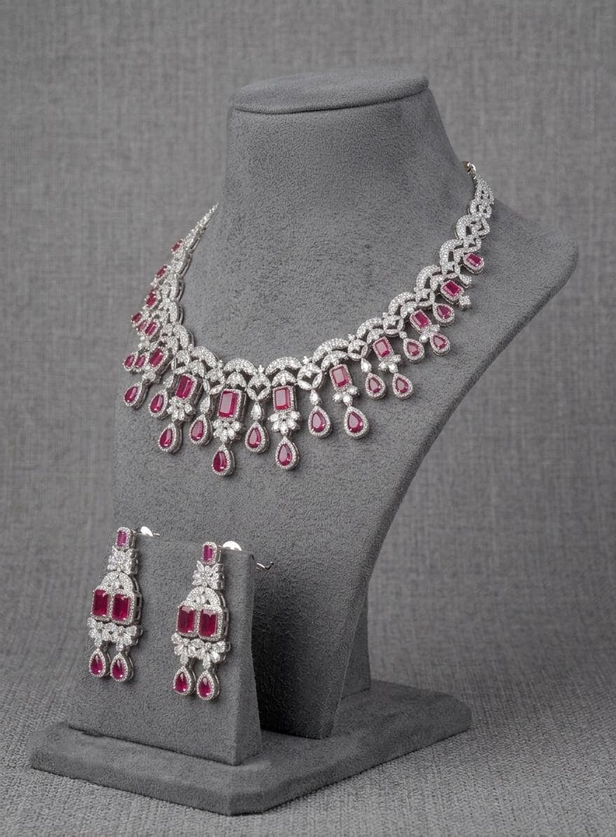 American Diamond CZ Bridal Necklace Set | Pink Green Teardrop Choker Earrings