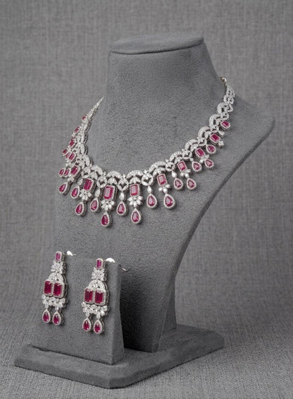 American Diamond CZ Bridal Necklace Set | Pink Green Teardrop Choker Earrings