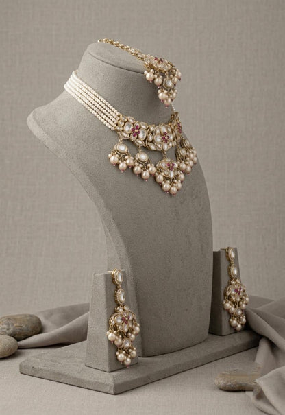 Kundan Bridal Necklace Set with Maang Tikka & Earrings, Indian Wedding Jewelry