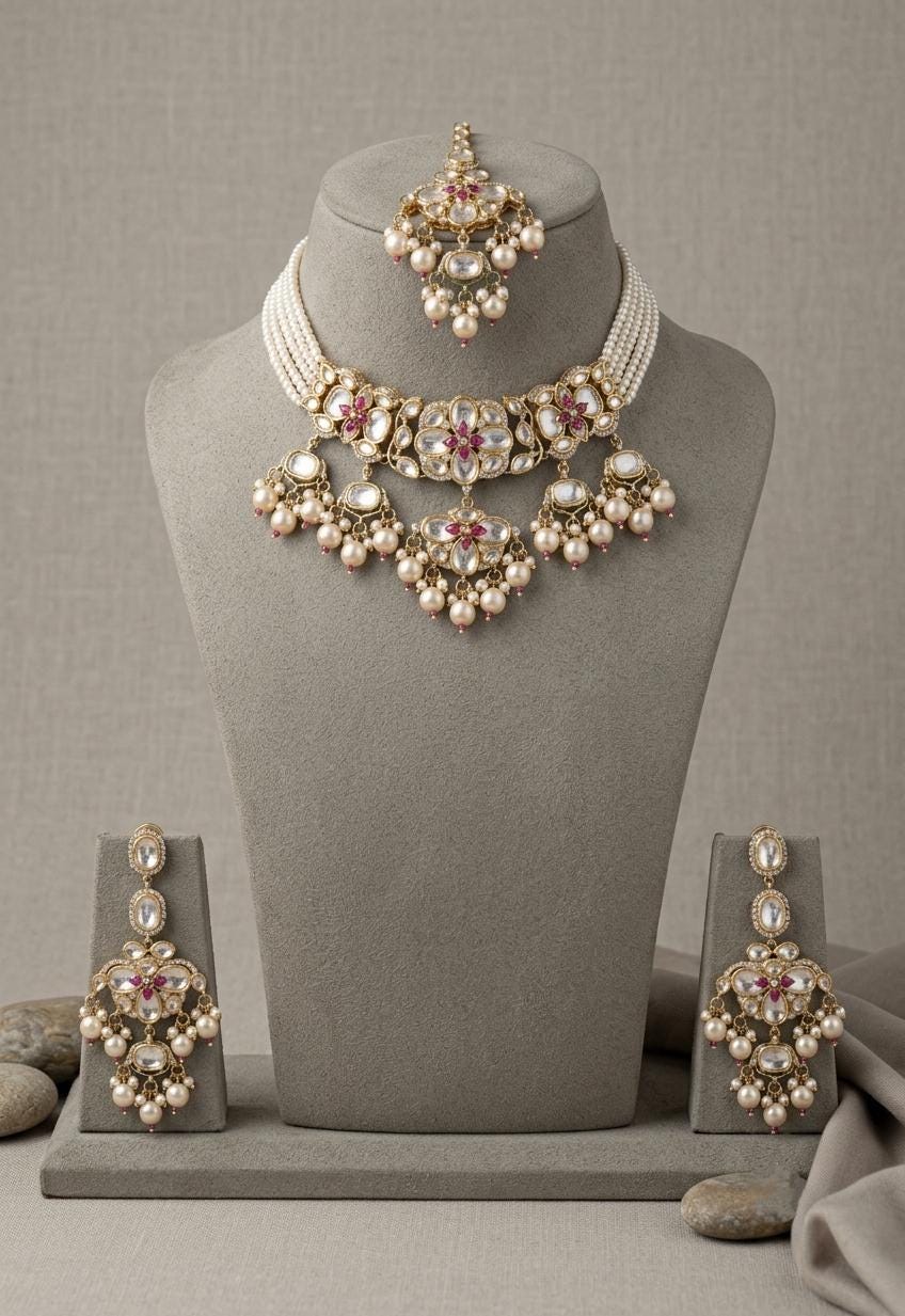 Kundan Bridal Necklace Set with Maang Tikka & Earrings, Indian Wedding Jewelry