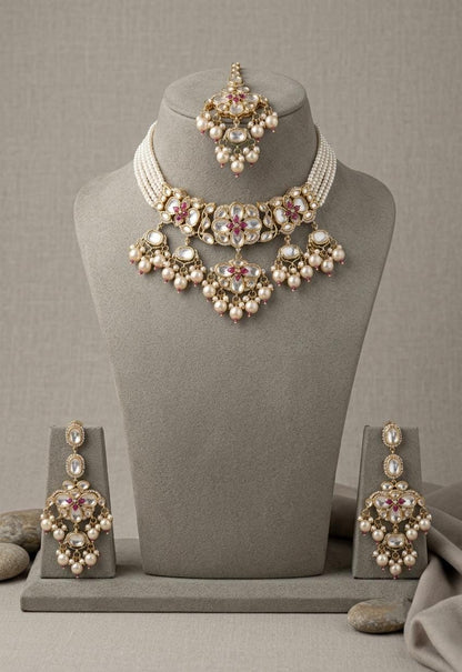 Kundan Bridal Necklace Set with Maang Tikka & Earrings, Indian Wedding Jewelry