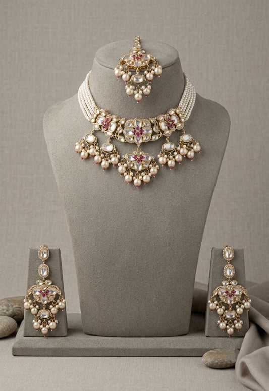 Kundan Bridal Necklace Set with Maang Tikka & Earrings, Indian Wedding Jewelry
