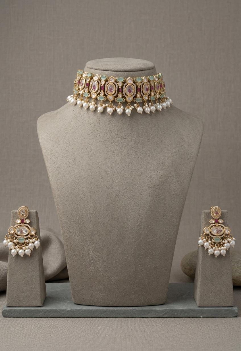 Kundan Choker Necklace Set with Earrings, Indian Bridal Jewelry, Pearl Drops
