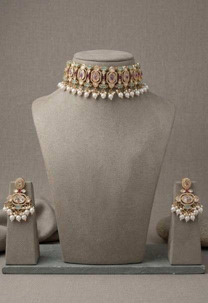 Kundan Choker Necklace Set with Earrings, Indian Bridal Jewelry, Pearl Drops