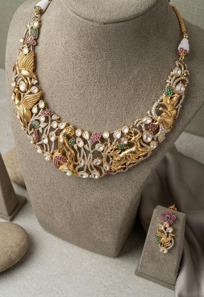 Traditional Kundan Necklace Set, Indian Statement Jewelry, Floral Motifs, Bridal Wedding Gift