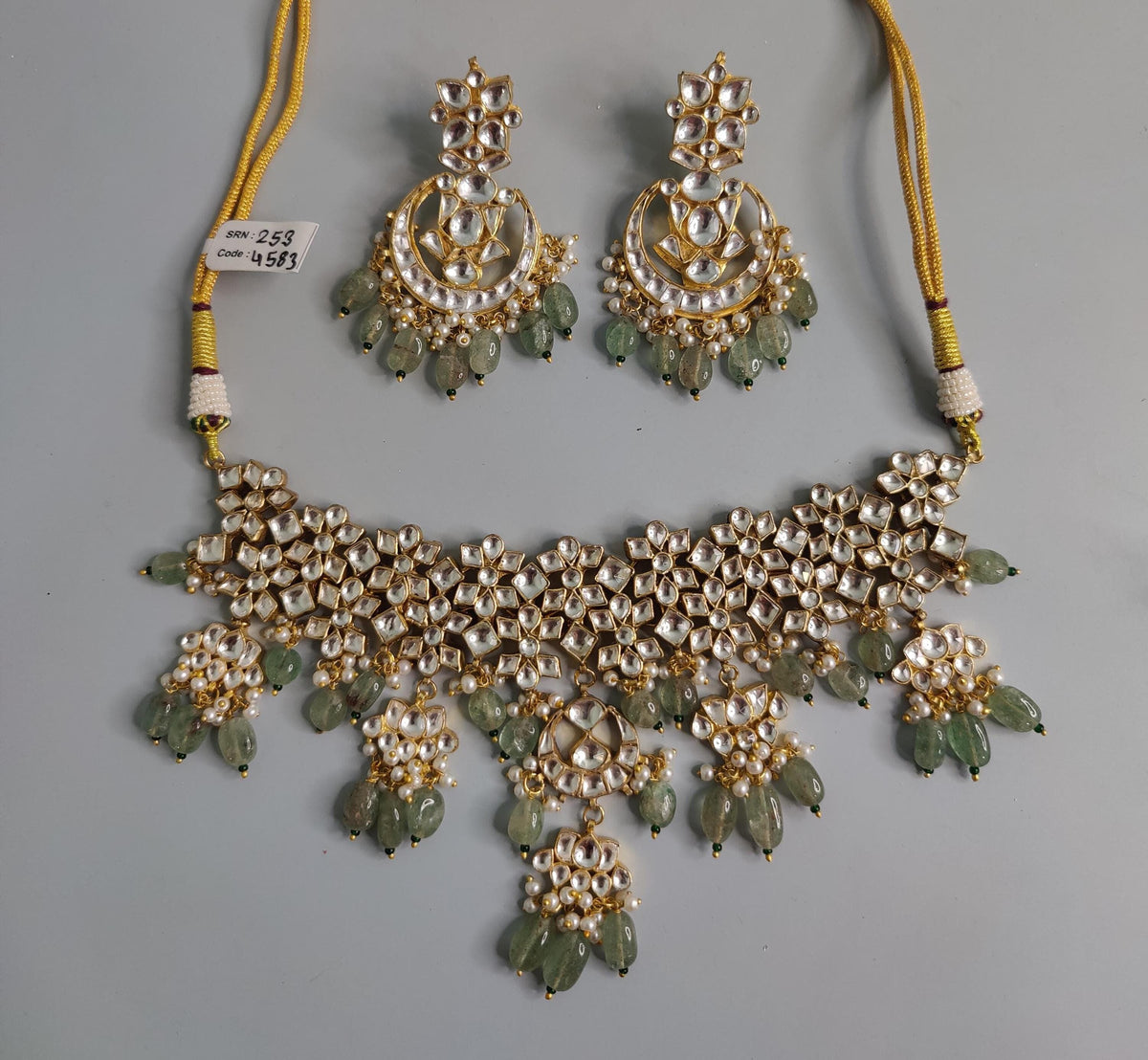 Kundan Necklace Earring Set, Indian Bridal Jewelry, Floral Motif Statement Ethnic Set