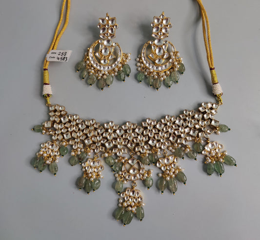 Kundan Necklace Earring Set, Indian Bridal Jewelry, Floral Motif Statement Ethnic Set