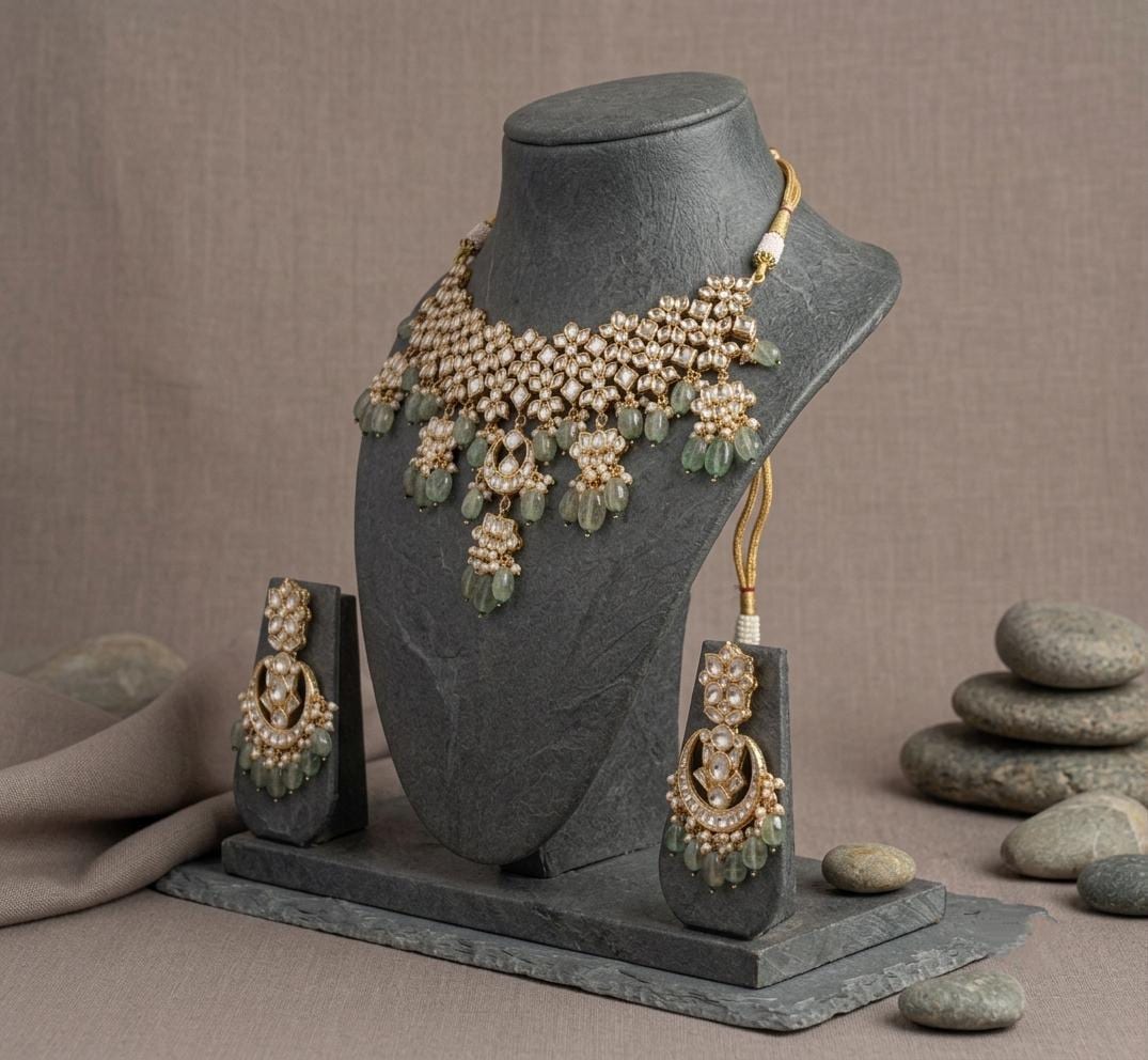 Kundan Necklace Earring Set, Indian Bridal Jewelry, Floral Motif Statement Ethnic Set