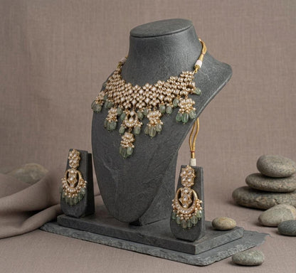 Kundan Necklace Earring Set, Indian Bridal Jewelry, Floral Motif Statement Ethnic Set