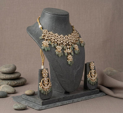 Kundan Necklace Earring Set, Indian Bridal Jewelry, Floral Motif Statement Ethnic Set