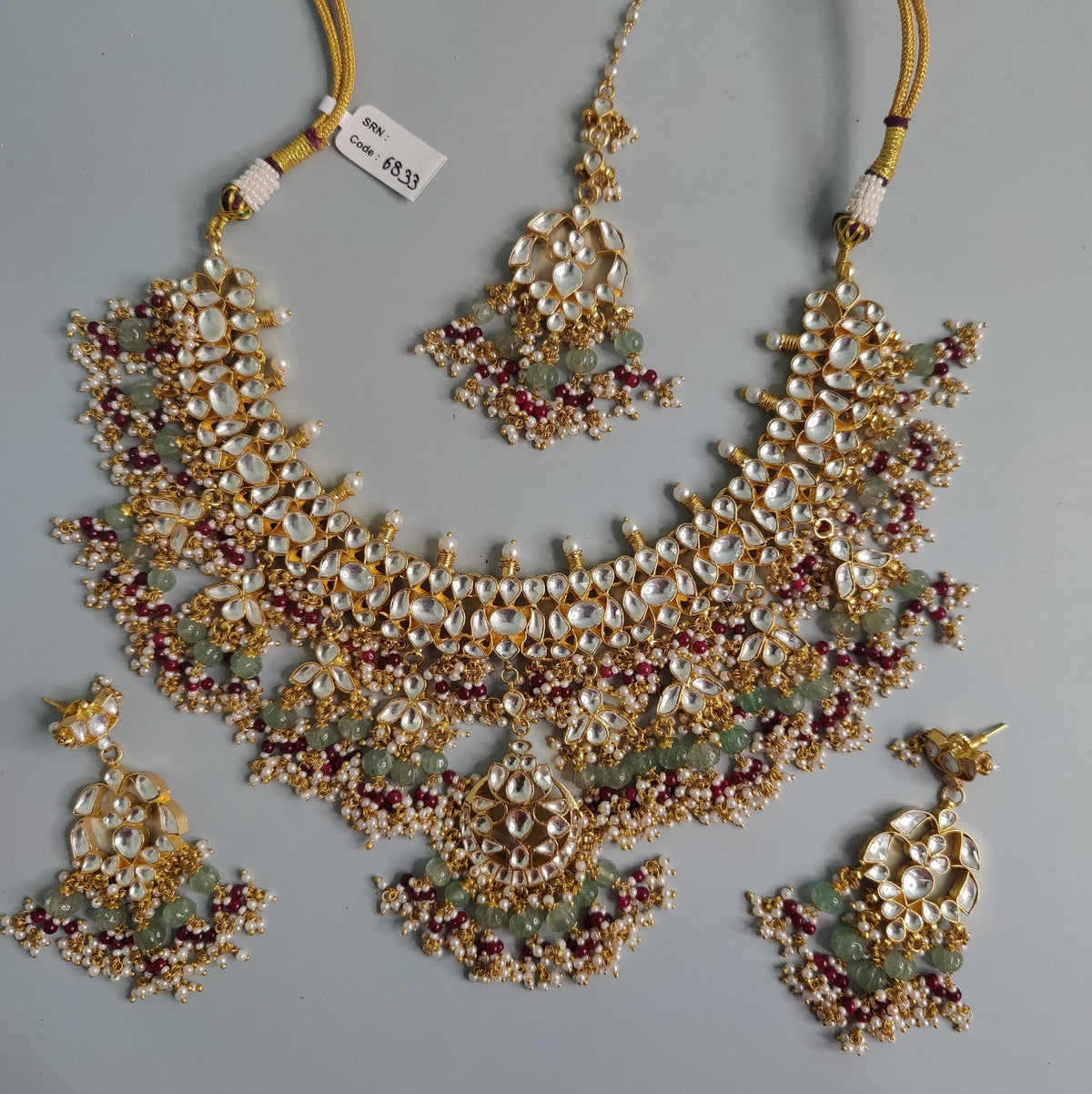 Kundan Bridal Necklace Set, Indian Wedding Jewelry, Floral Maang Tikka, Statement Earrings