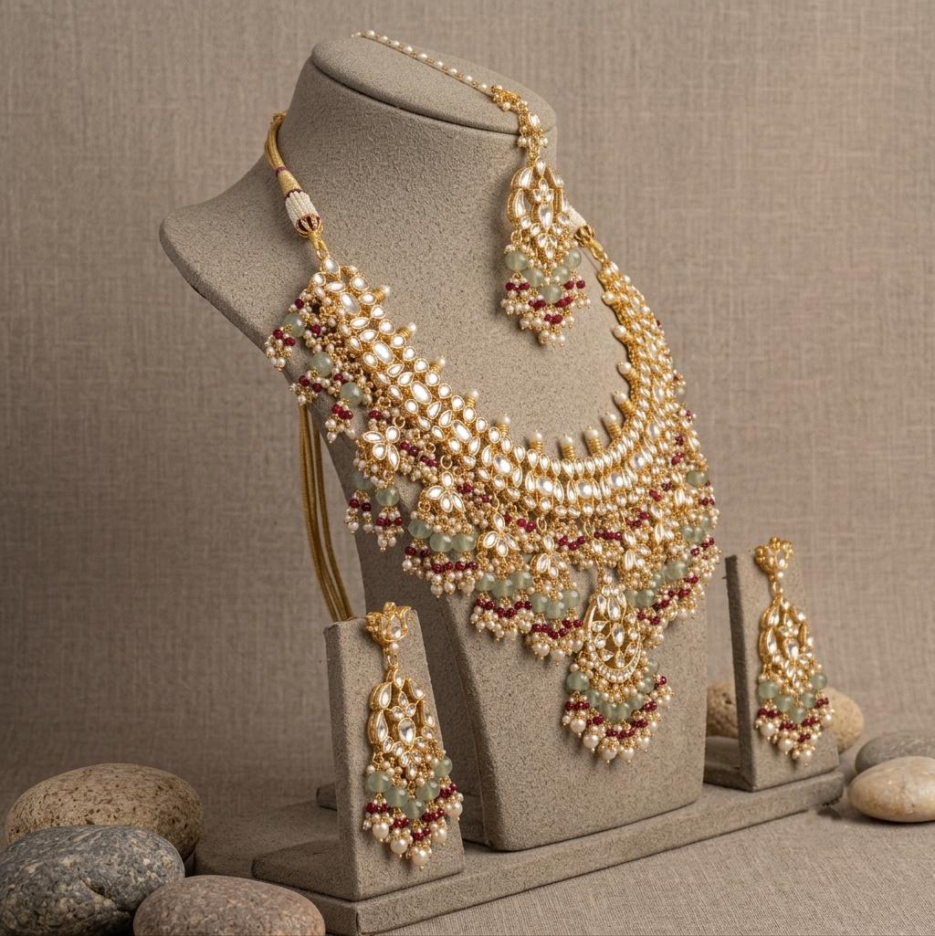 Kundan Bridal Necklace Set, Indian Wedding Jewelry, Floral Maang Tikka, Statement Earrings