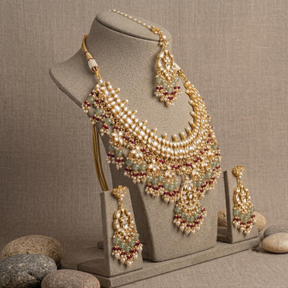 Kundan Bridal Necklace Set, Indian Wedding Jewelry, Floral Maang Tikka, Statement Earrings