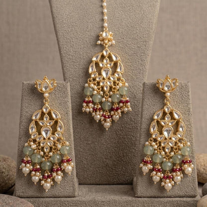 Kundan Bridal Necklace Set, Indian Wedding Jewelry, Floral Maang Tikka, Statement Earrings