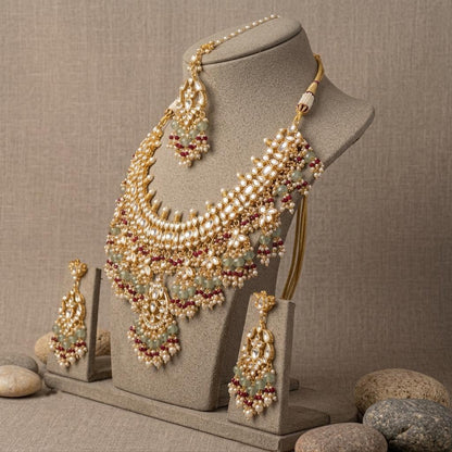 Kundan Bridal Necklace Set, Indian Wedding Jewelry, Floral Maang Tikka, Statement Earrings