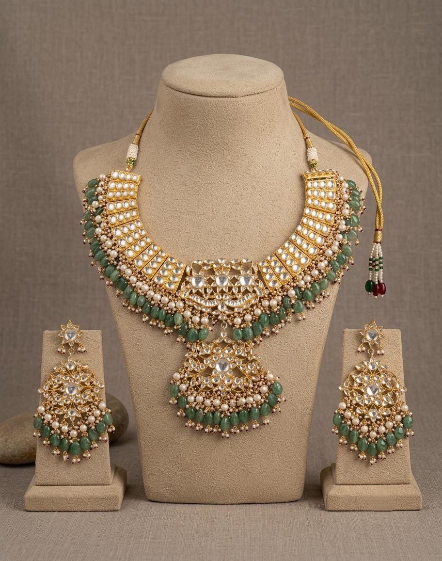Kundan Bridal Necklace Set, Indian Wedding Jewelry, Floral Choker, Earrings (Matching Set)