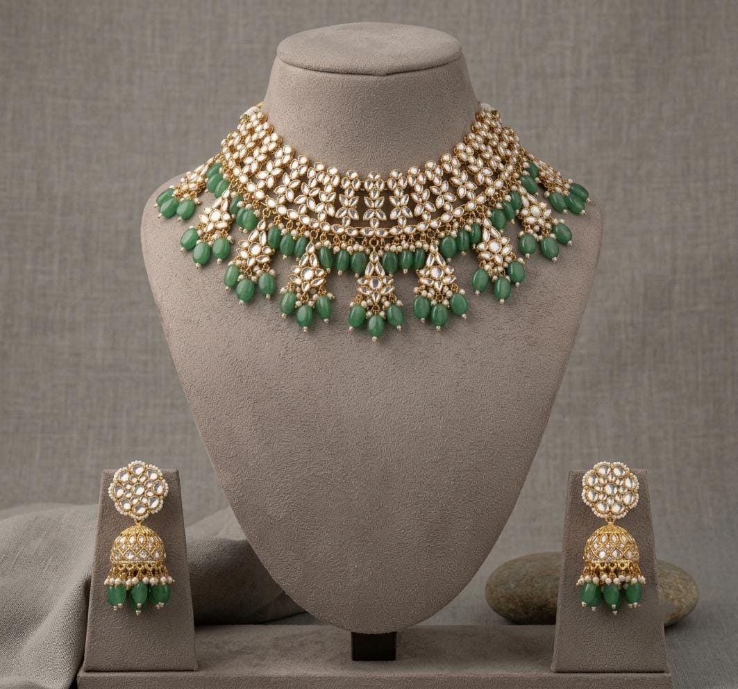 Kundan Necklace Earrings Set, Green Stone Bridal Jewelry, Floral Statement Choker