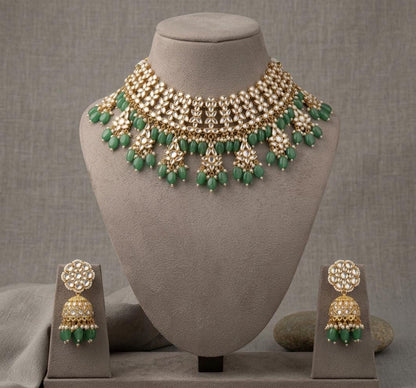 Kundan Necklace Earrings Set, Green Stone Bridal Jewelry, Floral Statement Choker