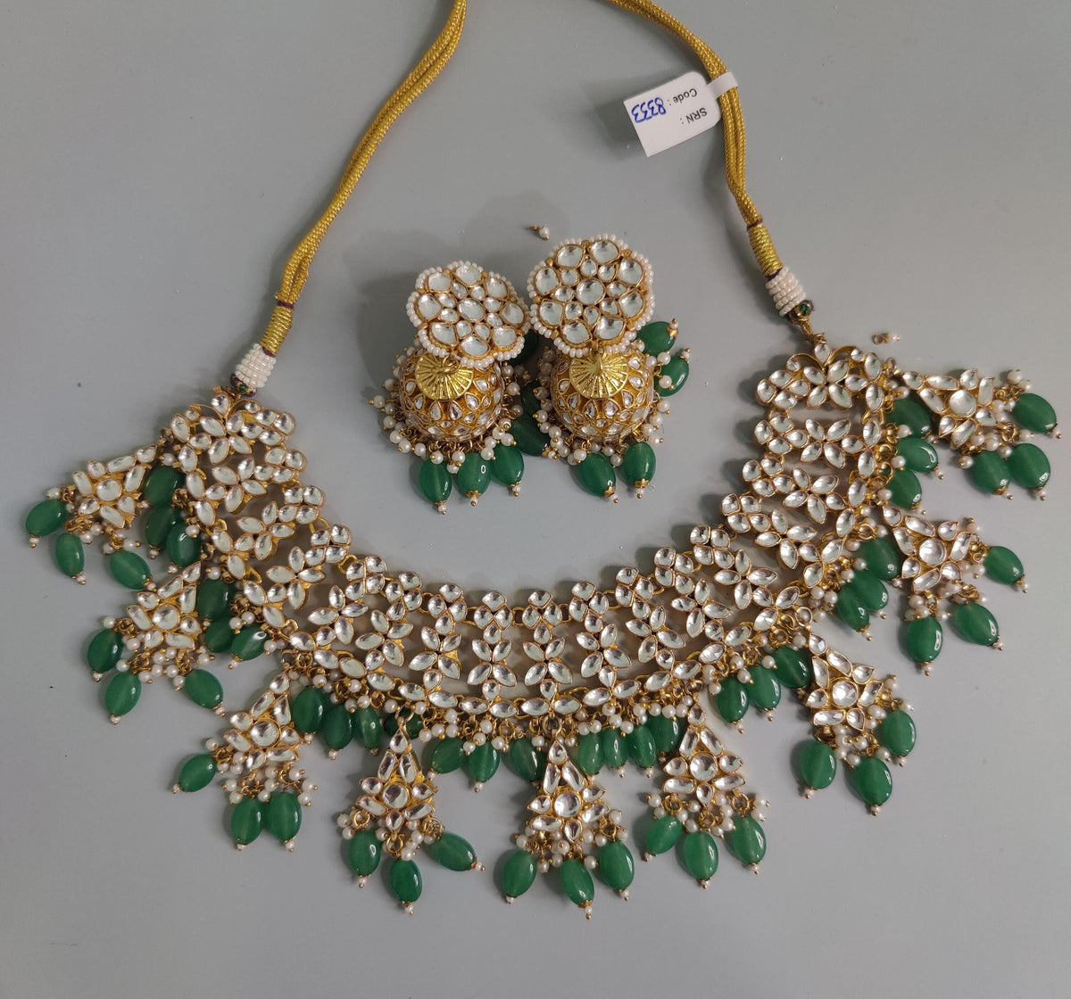 Kundan Necklace Earrings Set, Green Stone Bridal Jewelry, Floral Statement Choker