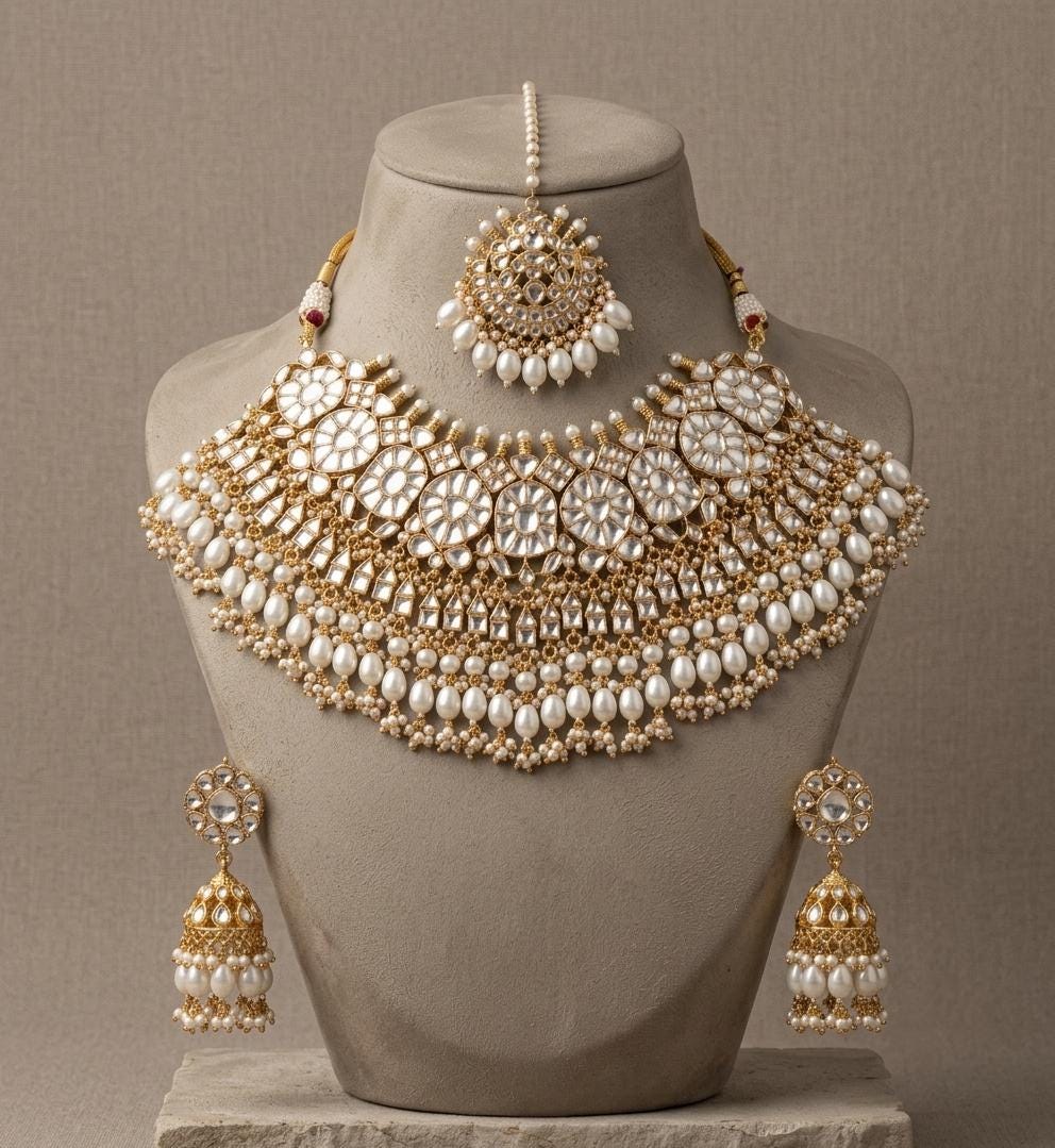 Kundan Bridal Necklace Set with Maang Tikka & Earrings, Pearl Indian Wedding Jewelry