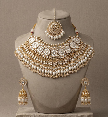 Kundan Bridal Necklace Set with Maang Tikka & Earrings, Pearl Indian Wedding Jewelry